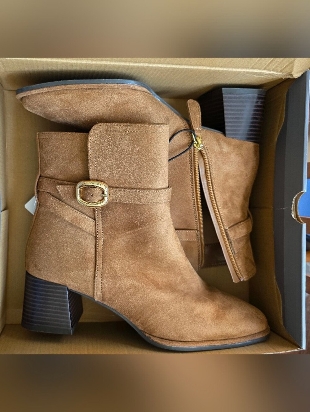 Liz Claiborne Chestnut Suede Ankle Booties with Gold Buckle